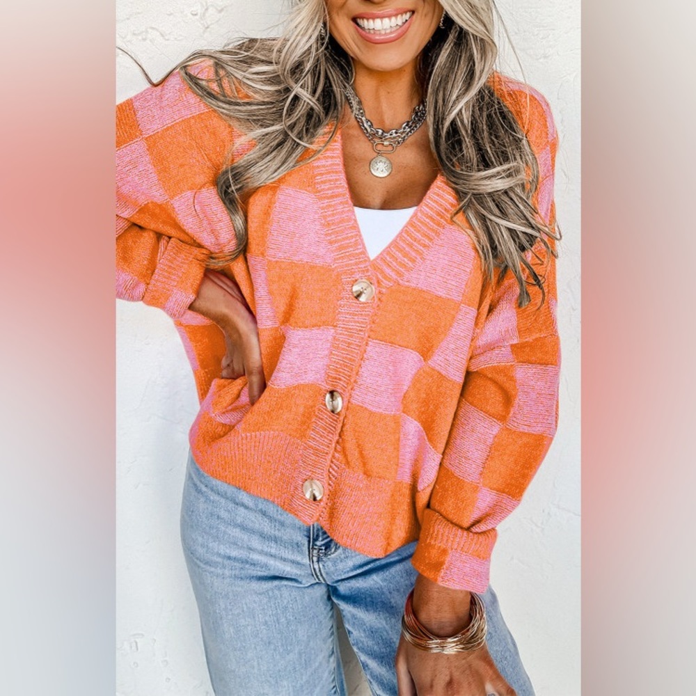 Orange Checkered Drop Shoulder Buttoned V Neck Cardigan